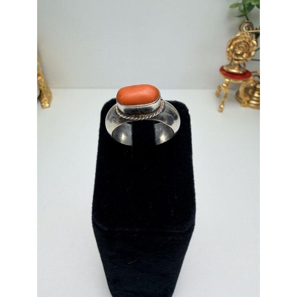 Vintage MCM Ethnic Heavy Sterling Silver Coral Ring Bold Statement Size 9.5